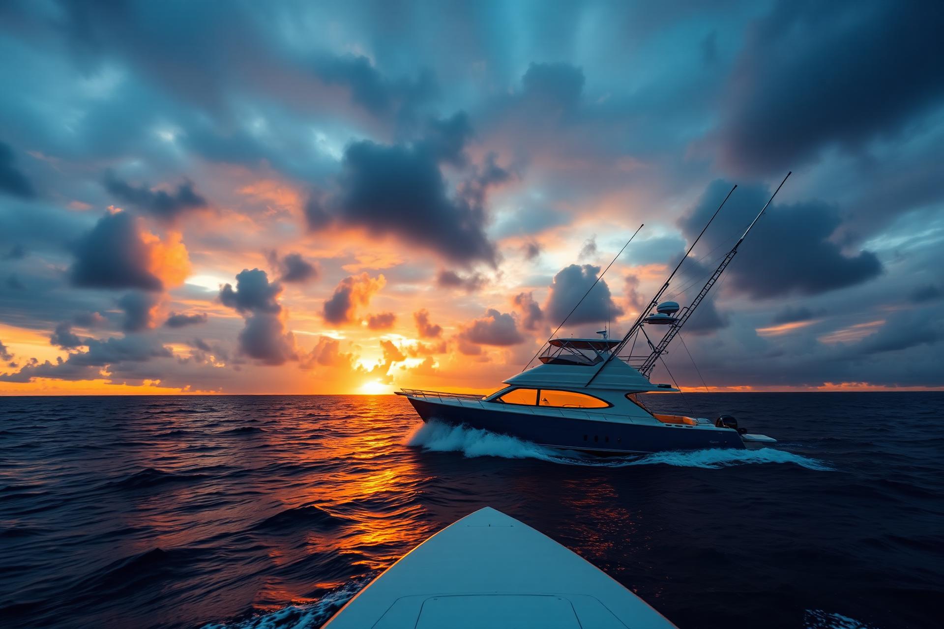 Offshore vessel underway at sunrise