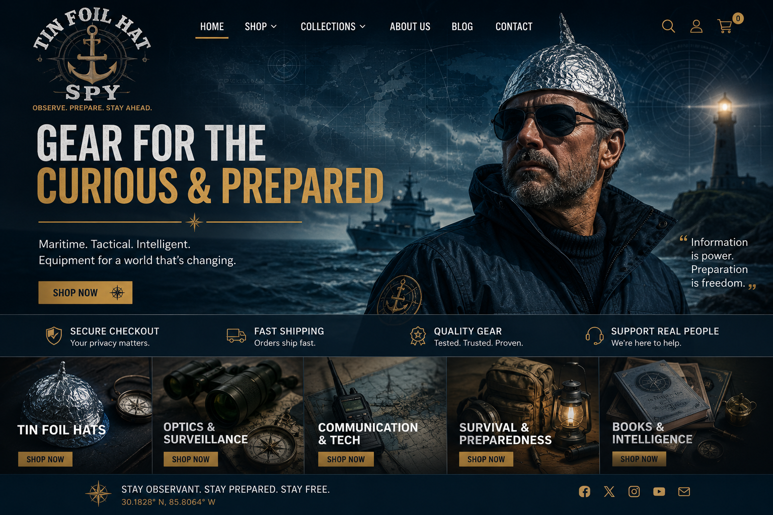 Tin Foil Hat Spy maritime preparedness hero graphic with a tin foil hat, lighthouse, ship, shop categories, and the headline Gear for the Curious and Prepared.